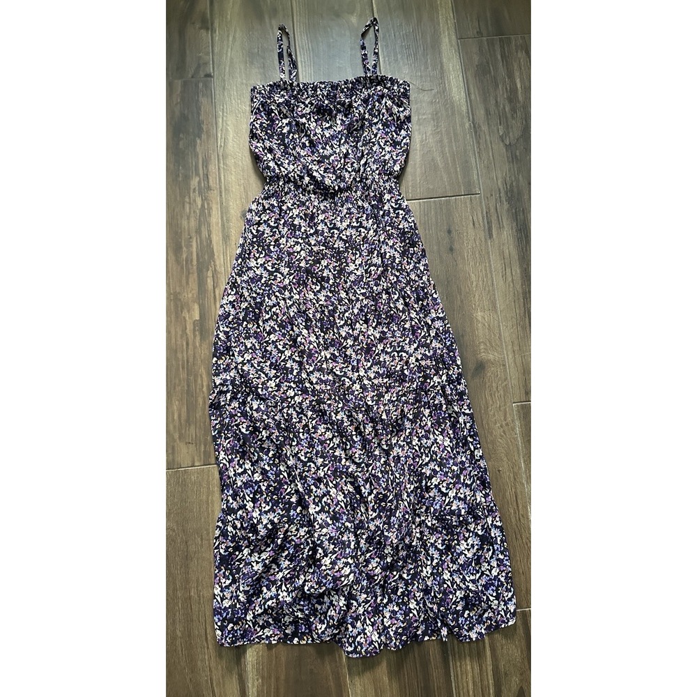 Evereve Floral Maxi Dress Spaghetti Straps Smocked Waist Tiered Skirt Purple M